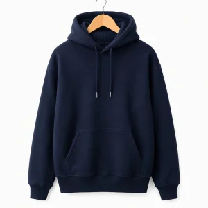 Navy blue Harbor heavyweight pullover hoodie displayed on a wooden hanger