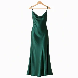 Deep emerald Marlowe satin maxi dress displayed on a wooden hanger