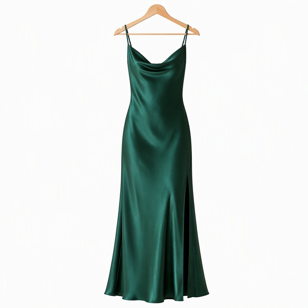 Deep emerald Marlowe satin maxi dress displayed on a wooden hanger
