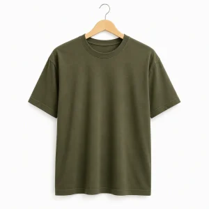 Washed olive Northfield heavyweight cotton T-shirt displayed on a wooden hanger
