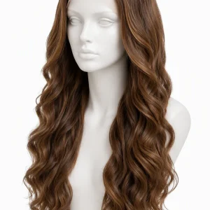 Long chestnut brown curly lace front wig displayed on a white mannequin head