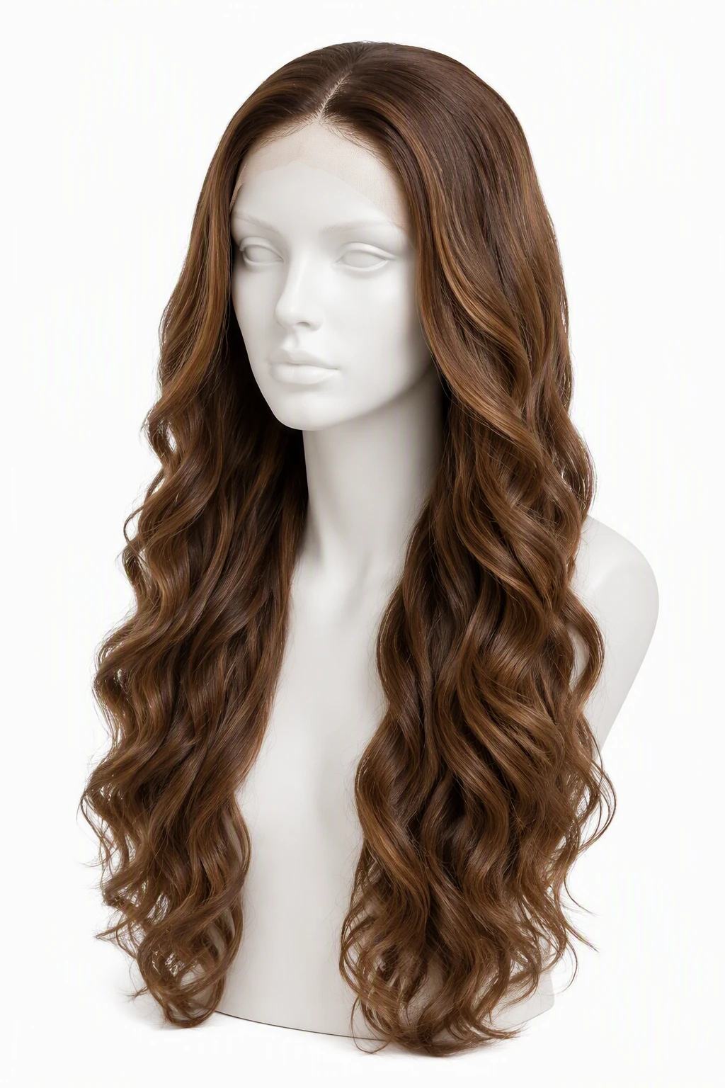 Long chestnut brown curly lace front wig displayed on a white mannequin head